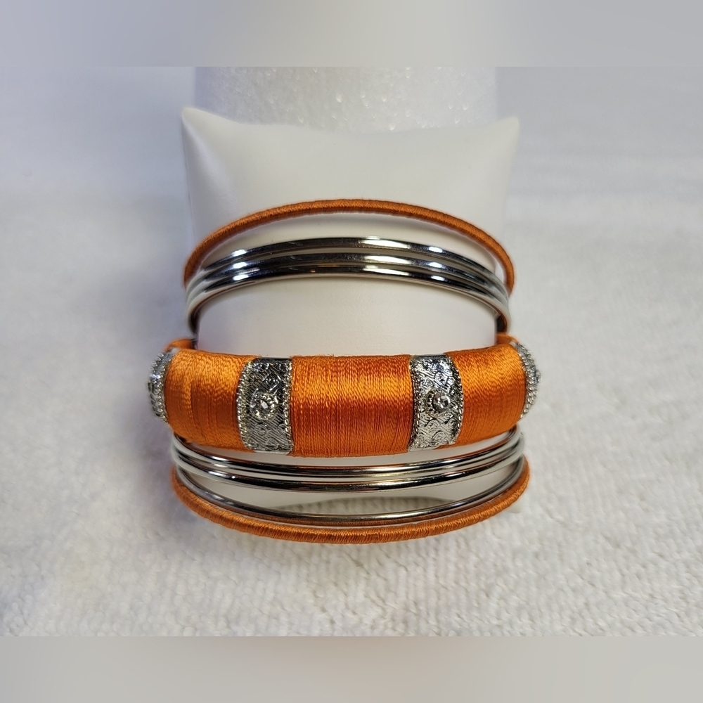 Orange and Silver Tone Bangle Bracelets - Set of 9 - Picture 2 of 4